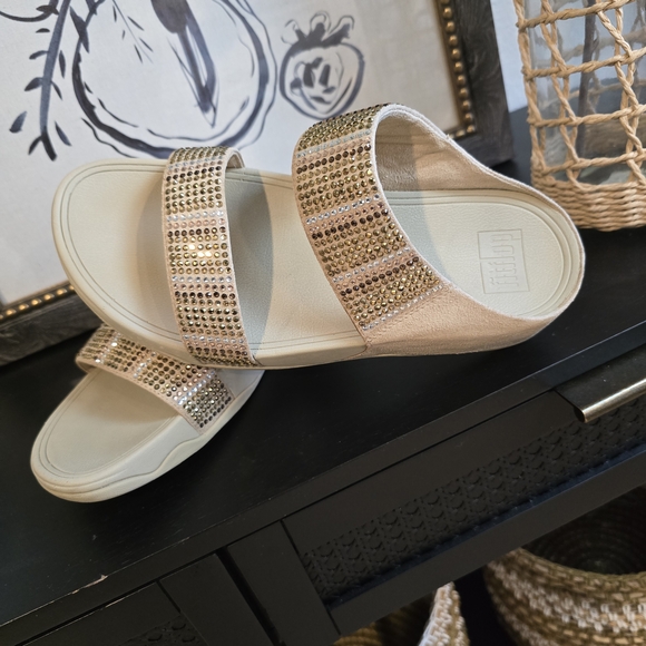 Fitflop Shoes - FitFlop Women's Flare Strobe Gold Toned Crystals Jewel Slide Sandals 8